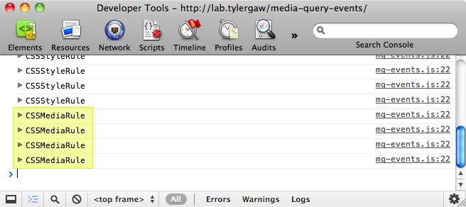 Screenshot of the Chrome developer console showing a number of CSSRule objects being logged.