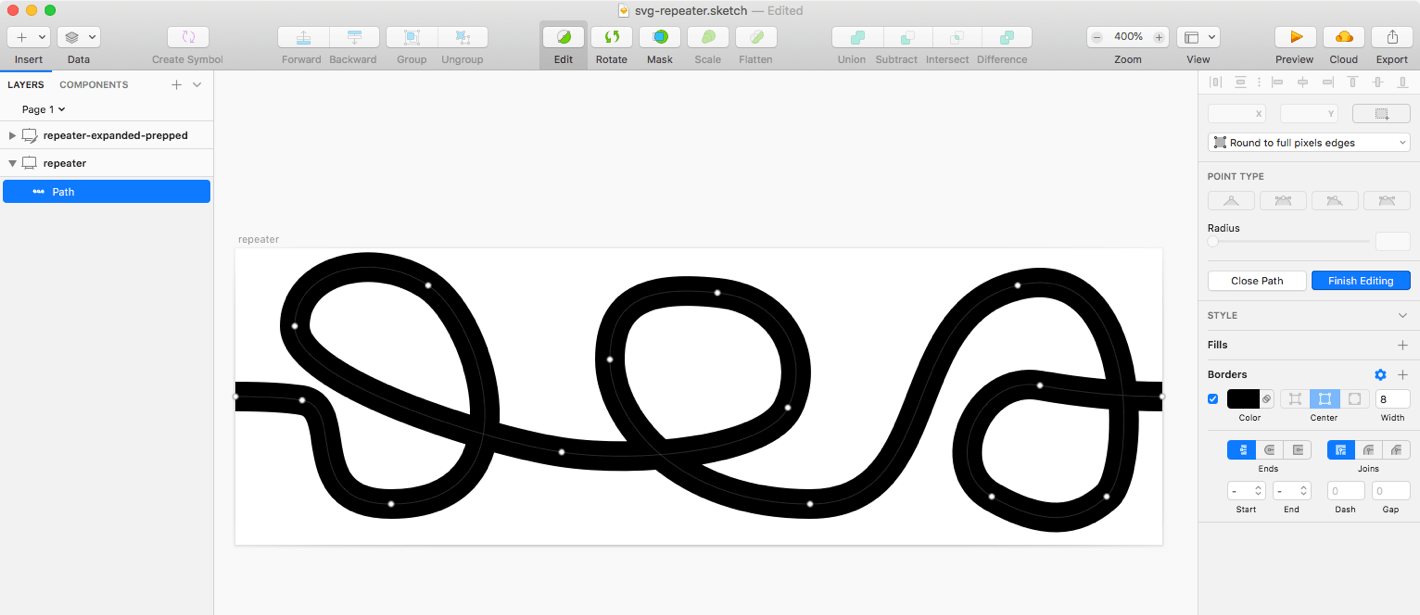 A screenshot in Sketch app showing the demo squiggle vector being created.