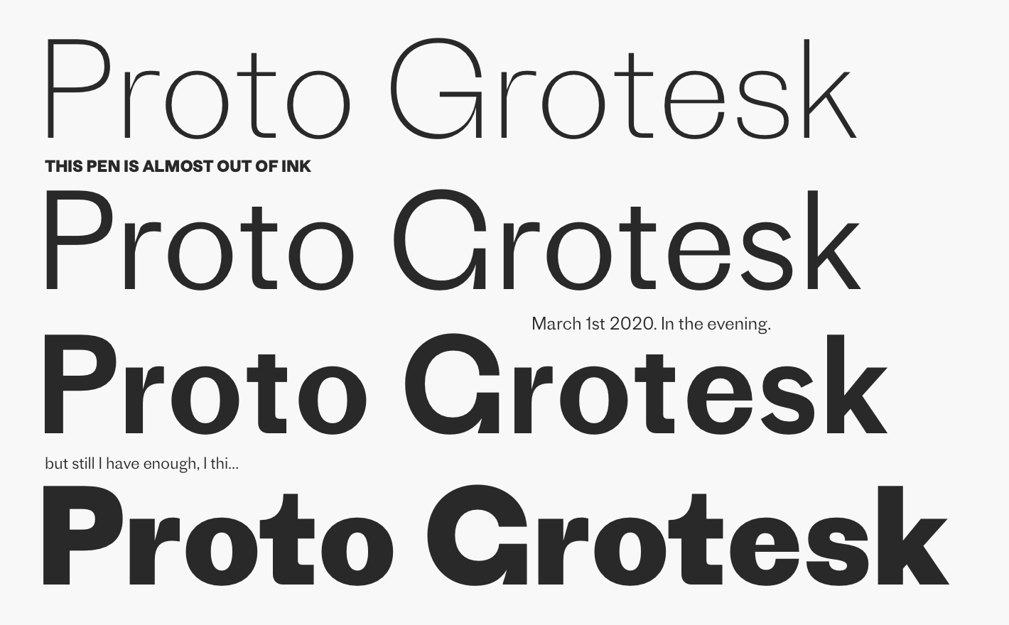 A sampling of Proto Grotesk in various weights and sizes