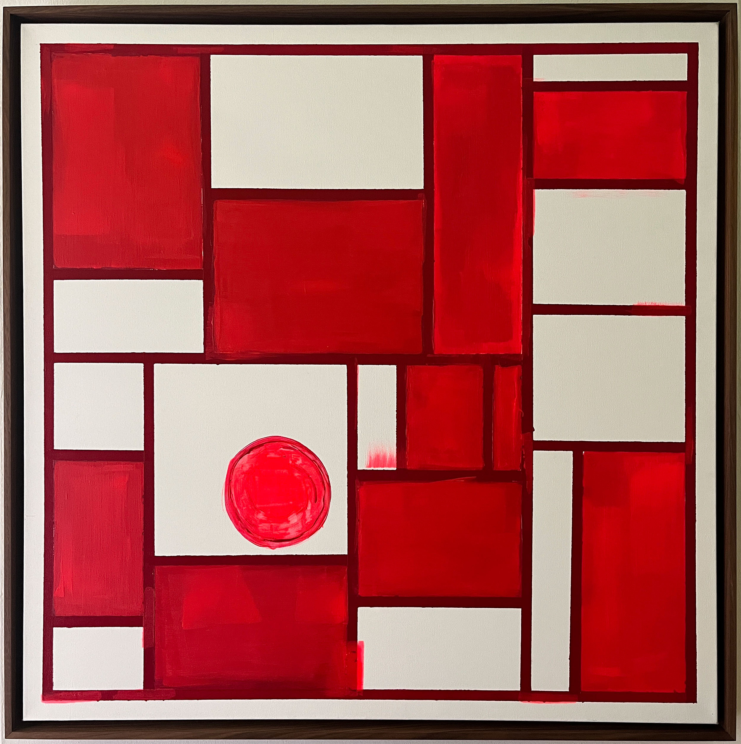A geometric painting with heavy outlines and various rectangles in shades of red with neon red accents. Some rectangles are filled in with red, others are only outlined in red. There's a neon red circle in one of the outlined rectangles.