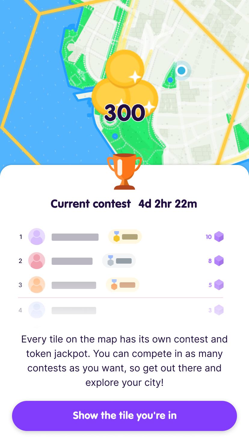 Screenshot from the app intro showing a stylized leaderboard. The map has zoomed to the user's local tile to show the available award amount. There's a button prompting the user to Show the tile they're in.