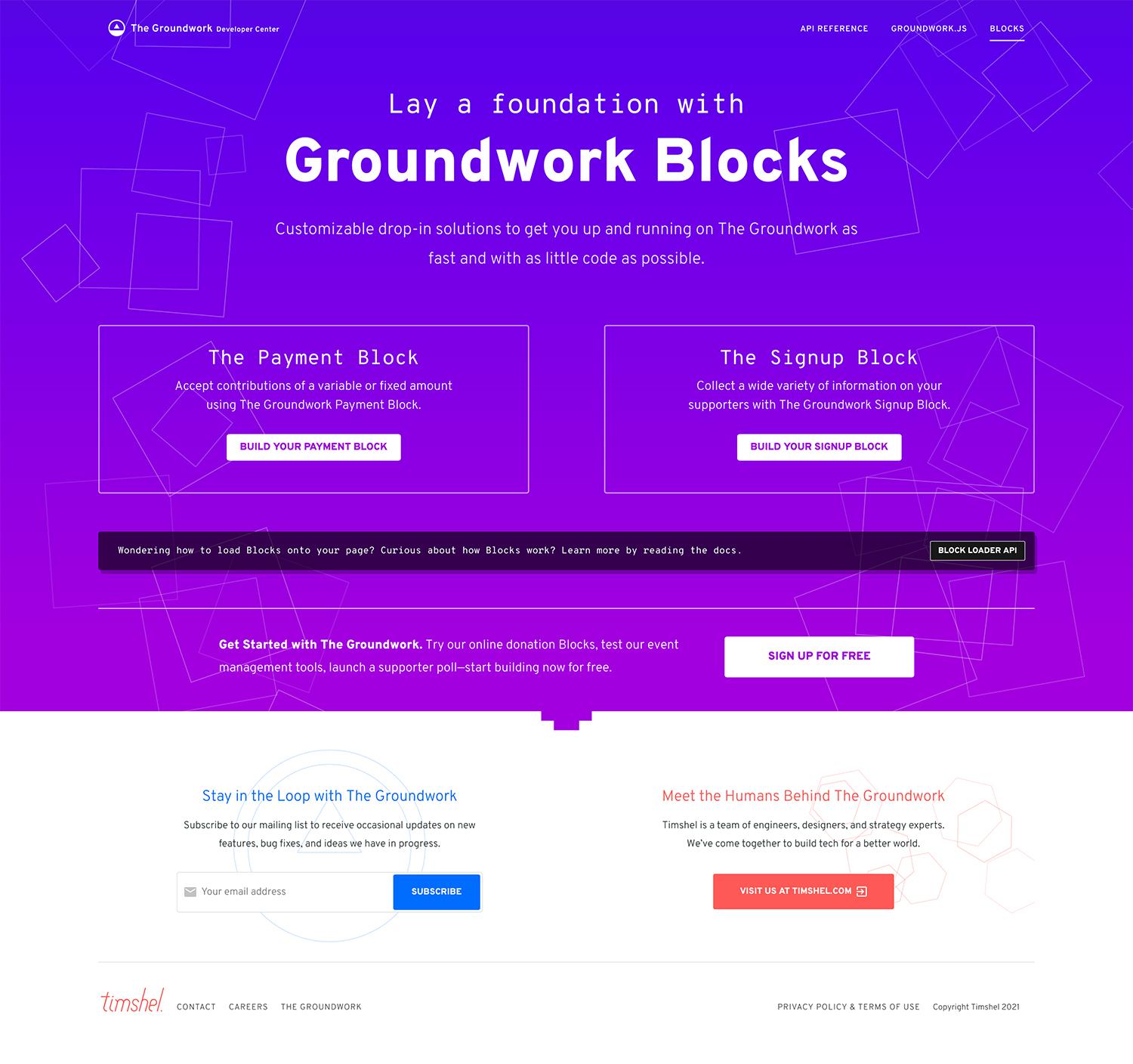 A screenshot of the Blocks page of developer.thegroundwork.com