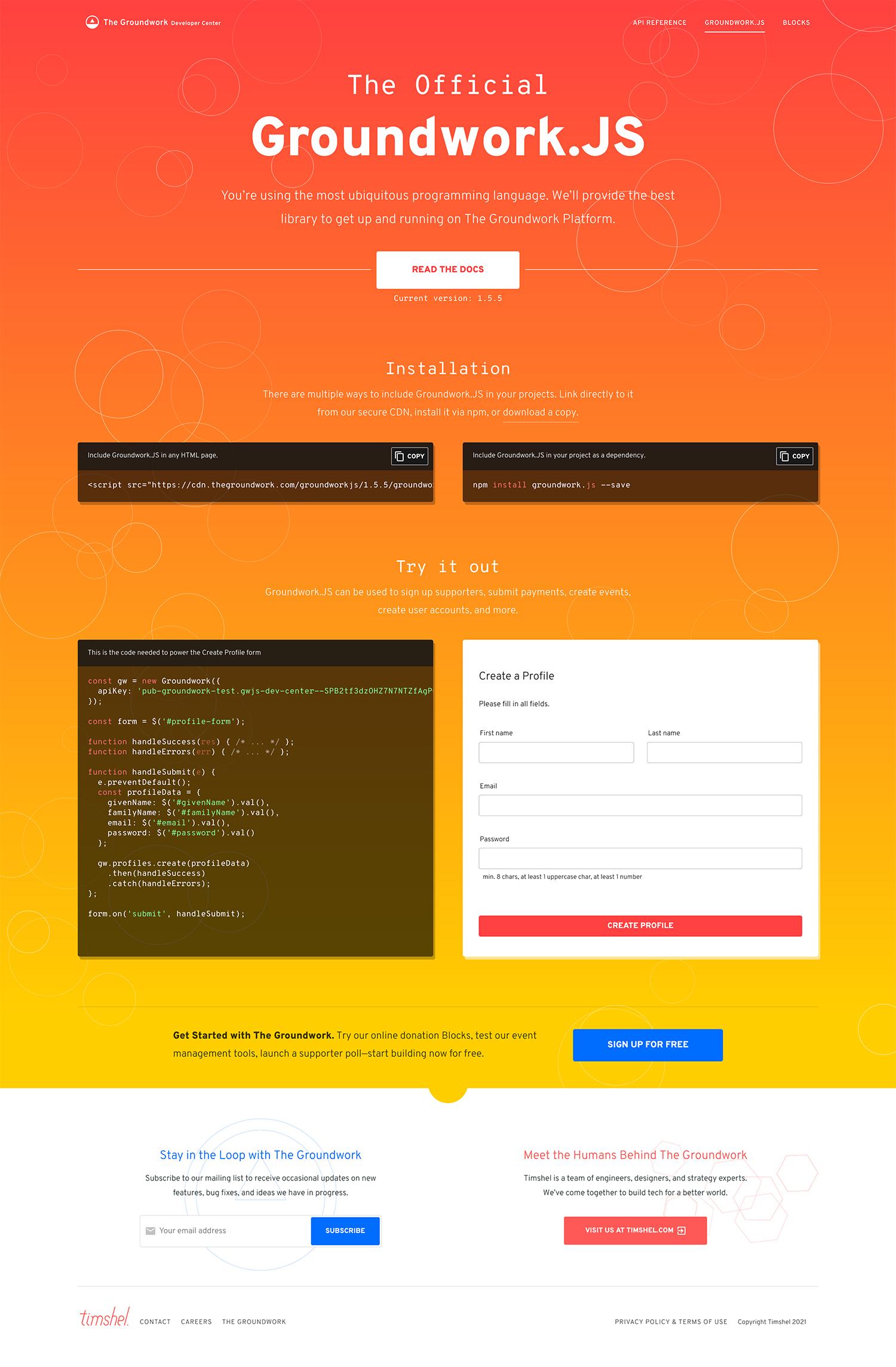 A screenshot of the GroundworkJS page of developer.thegroundwork.com