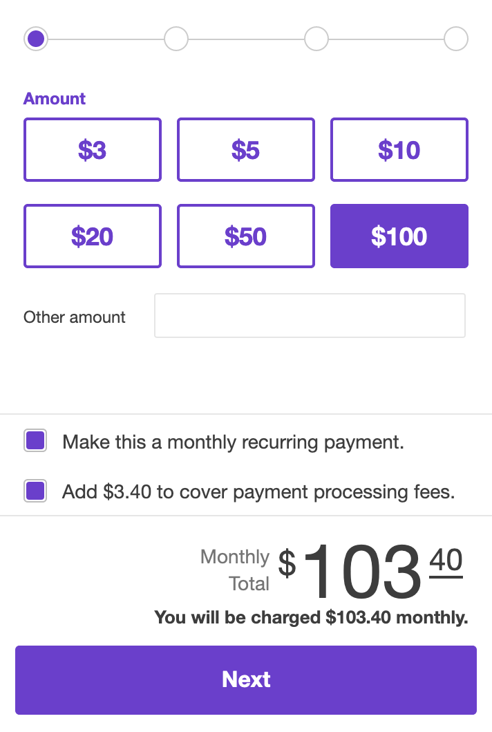 A screenshot of the Payment block donation amount selection.