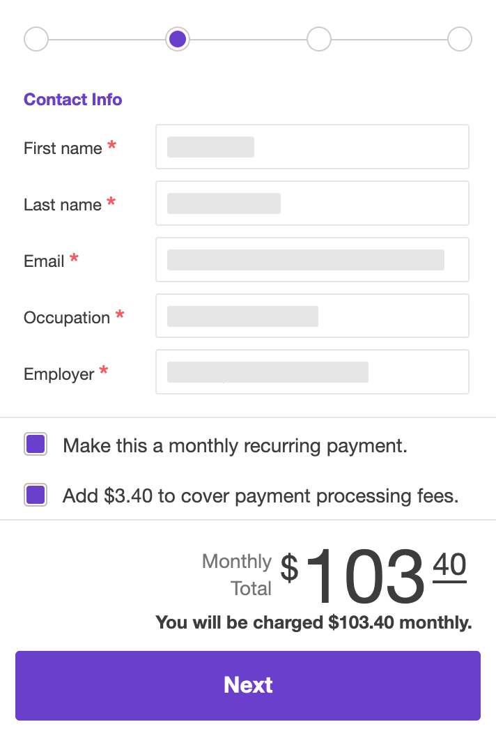 A screenshot of the Payment block contact info step