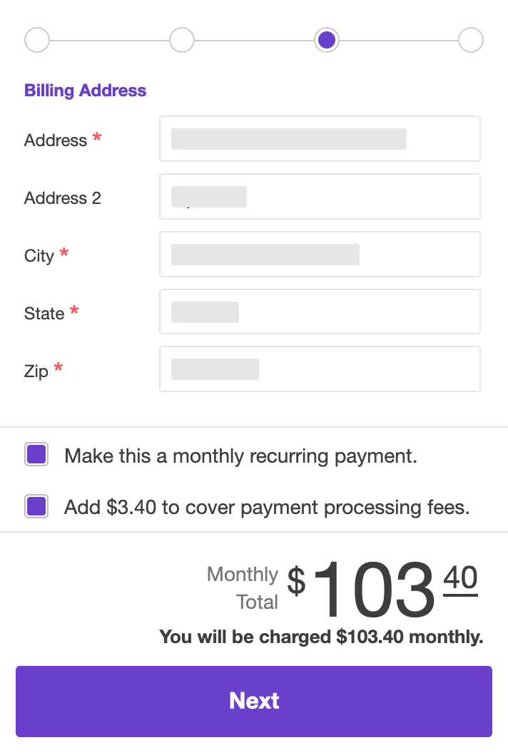 A screenshot of the Payment block billing address step