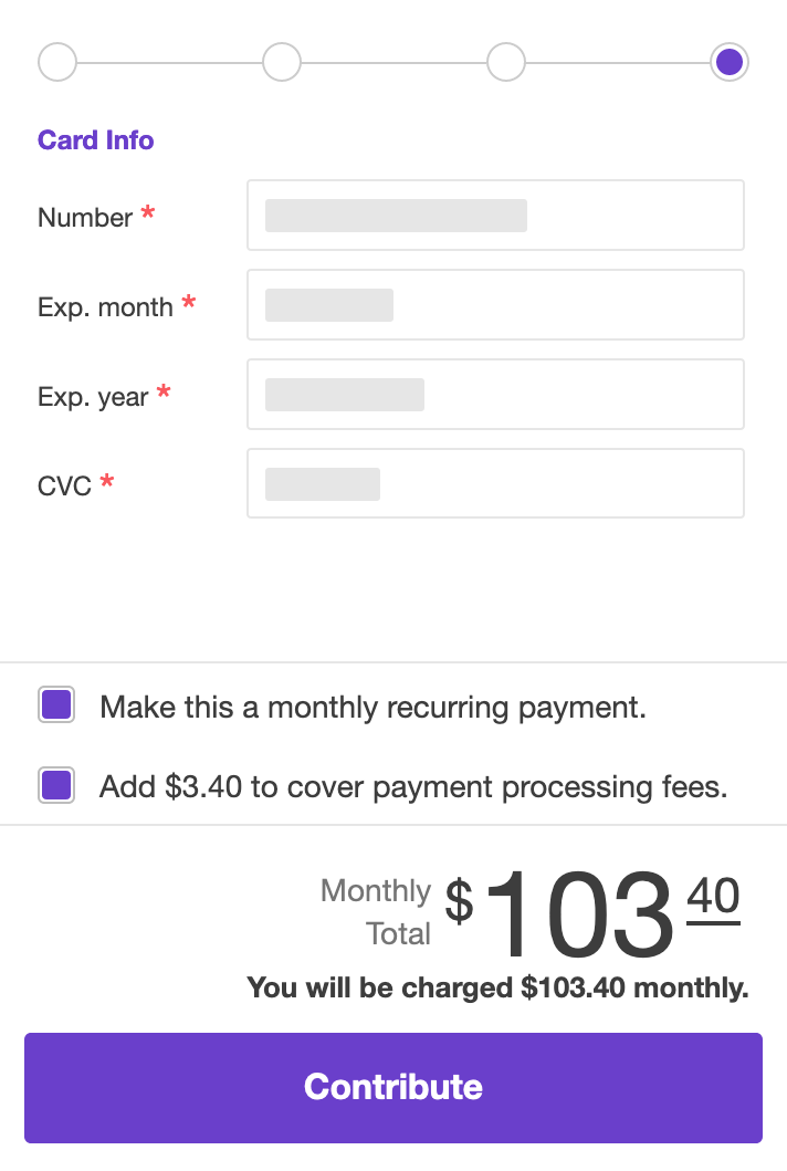 A screenshot of the Payment block credit card info step